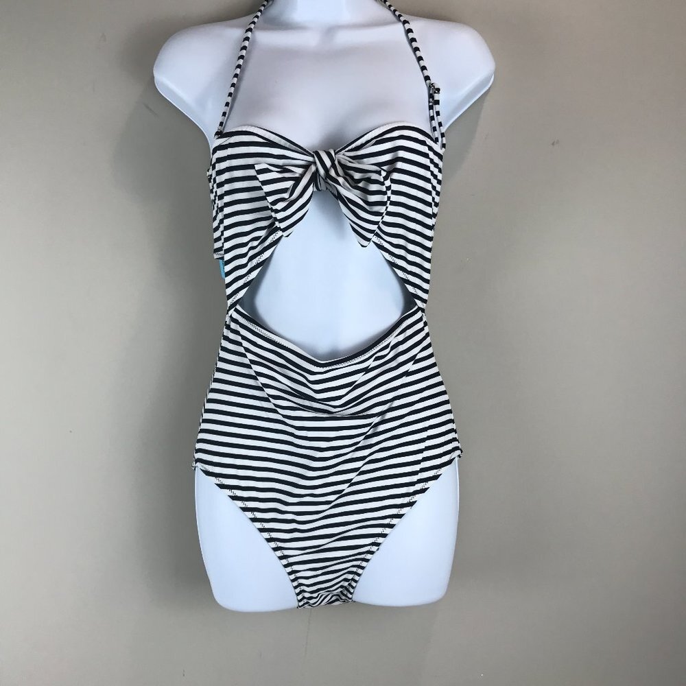Women's NWT Cupshe Black/White Stripe 1 pc halter Swimsuit Size S